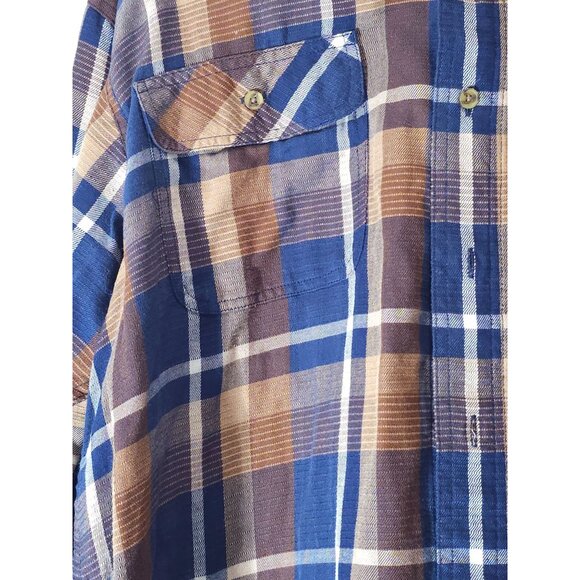 Haggar Men's Blue & Brown Plaid Button-Up Shirt With Chest Pockets Long Sleeve S - Picture 3 of 11